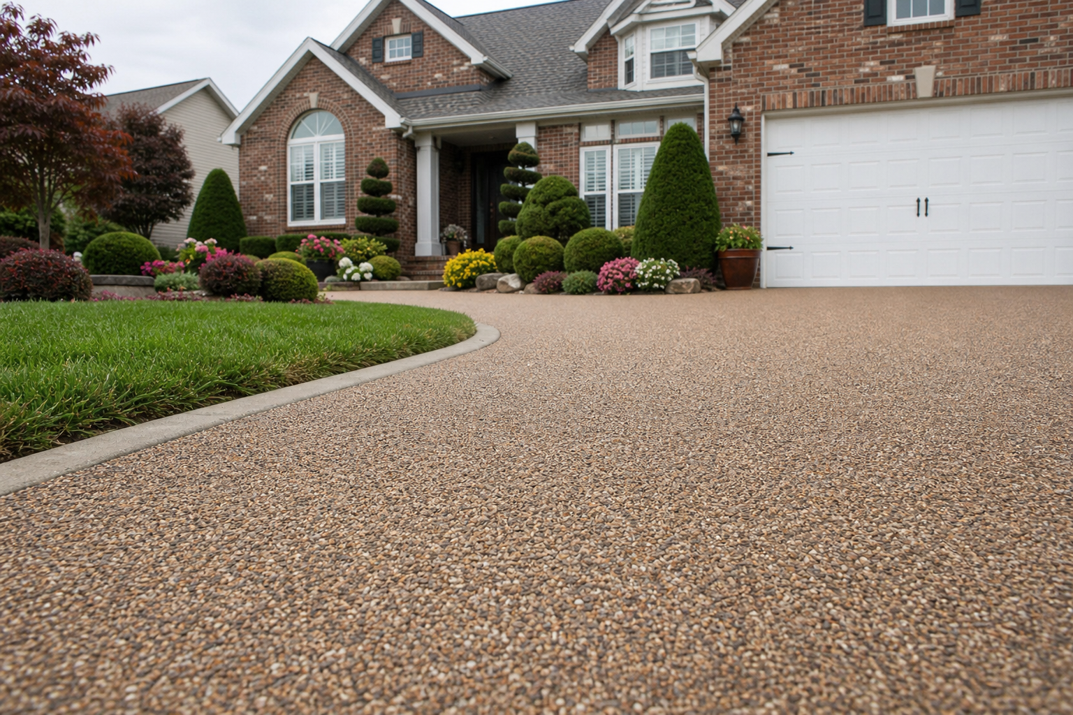Epoxy pebble driveway of warm multi-tone river rock in resin sweeping up to a brick home