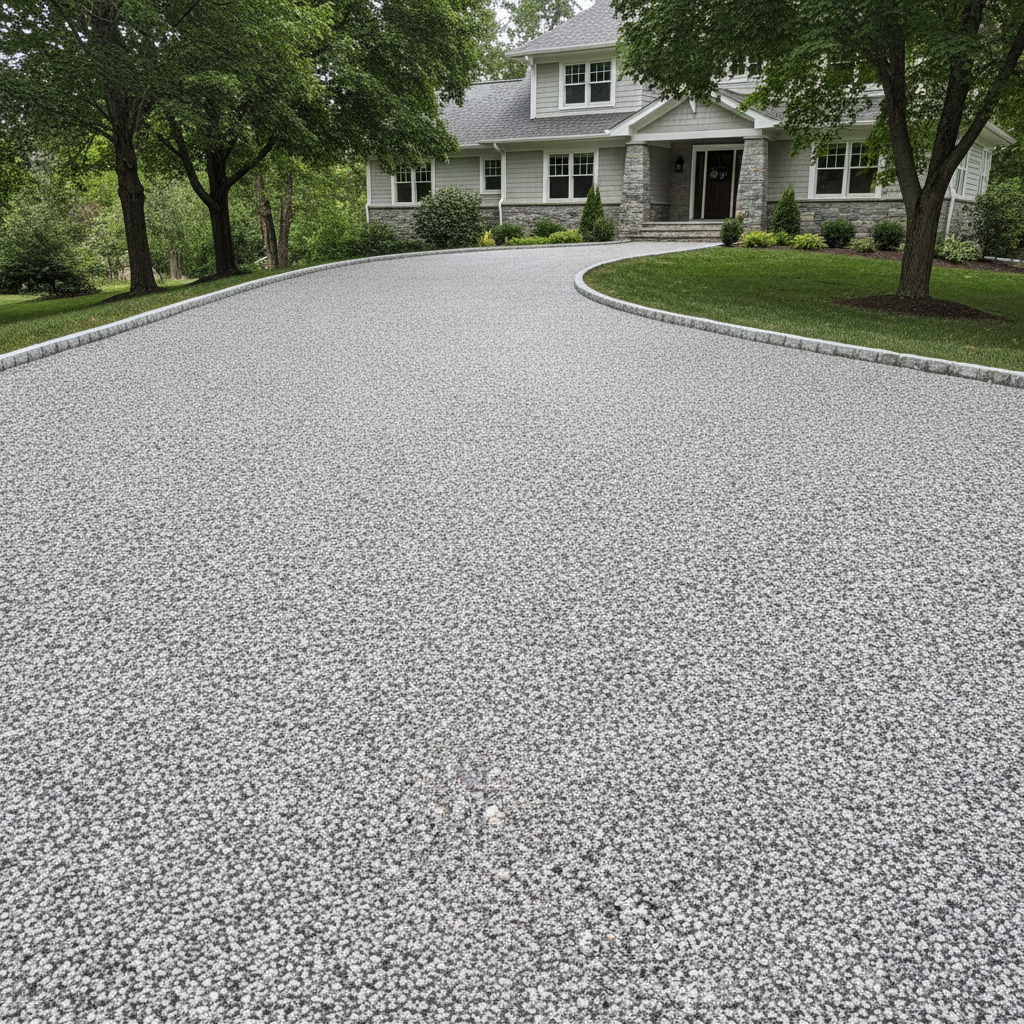 Gray resin-bound stone driveway curving to a craftsman home under maples