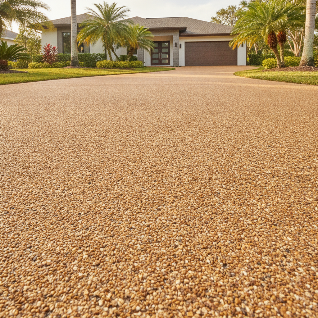 Fine caramel resin-bound stone driveway leading to a Southeast home with palms
