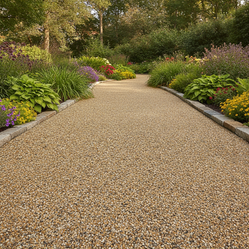 Resin-bound stone garden path winding through lush planting beds