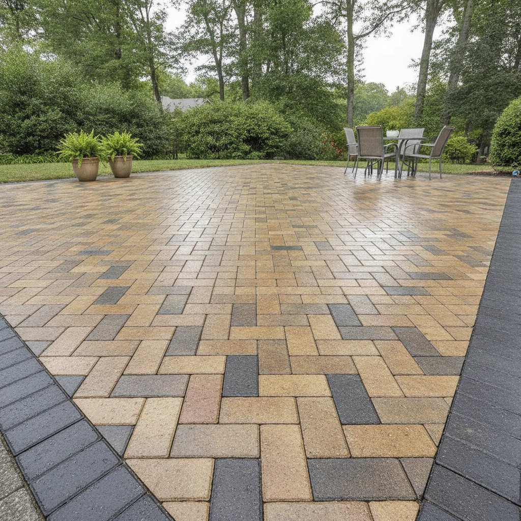 Freshly sealed backyard paver patio with a wet-look, semi-gloss finish
