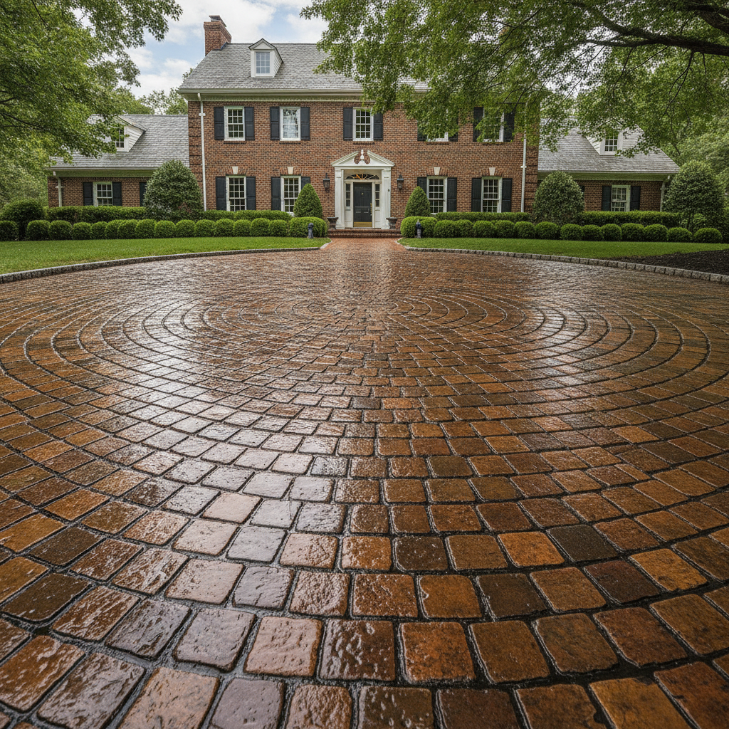 Wet look paver sealer on a tumbled cobblestone courtyard driveway, colors deepened to a glossy sheen