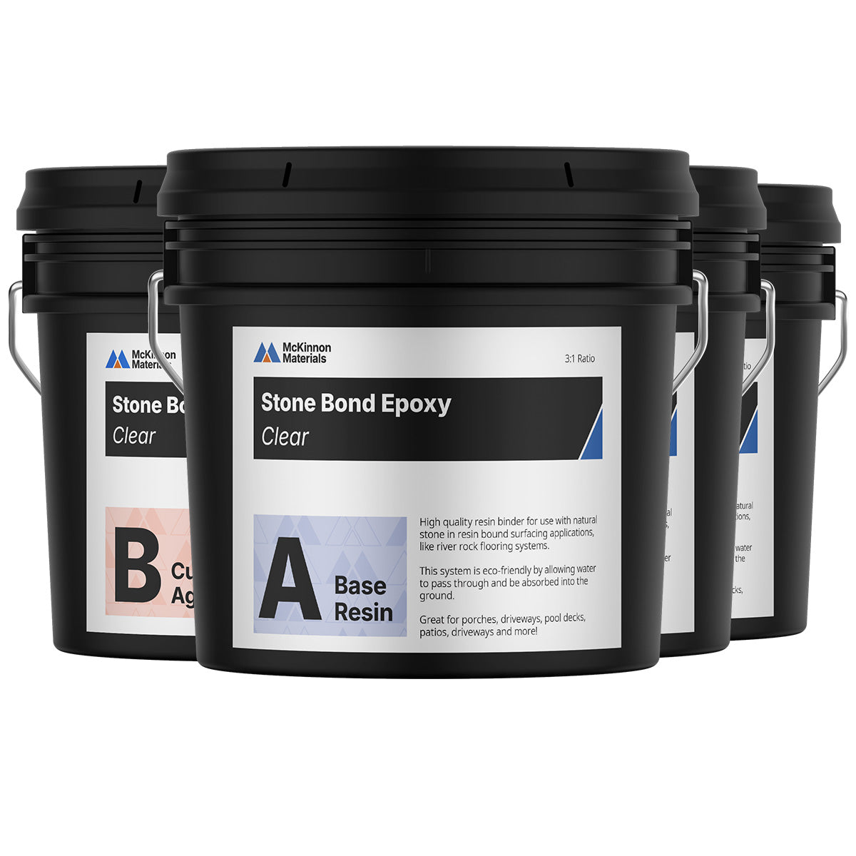 Four buckets of Stone Bond Epoxy resin on a white background